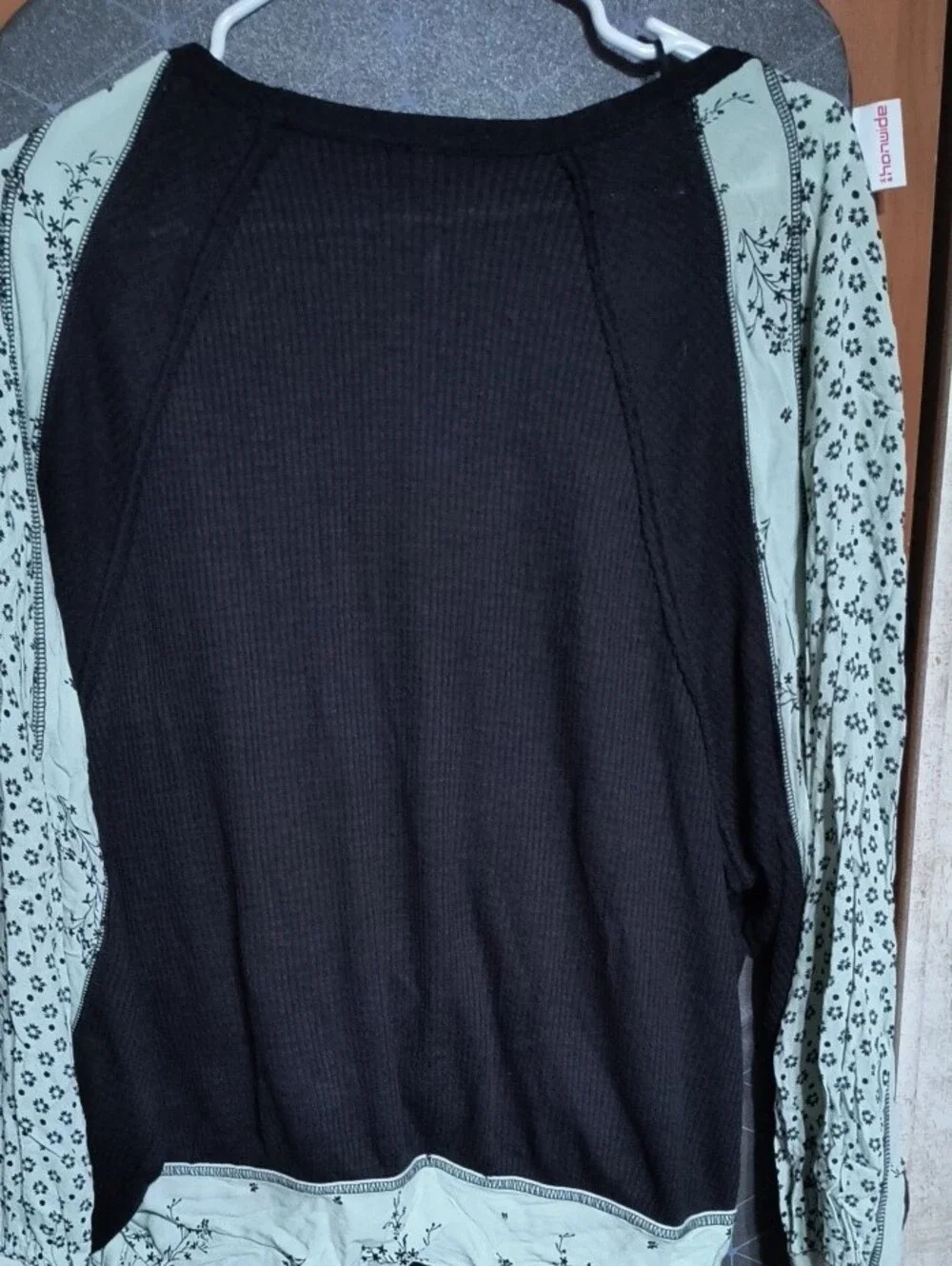 Free People Black Ribbed Top with Mint Floral Neck Trim